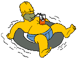 homer simpson sitting in an inflatable swimring sipping a drink